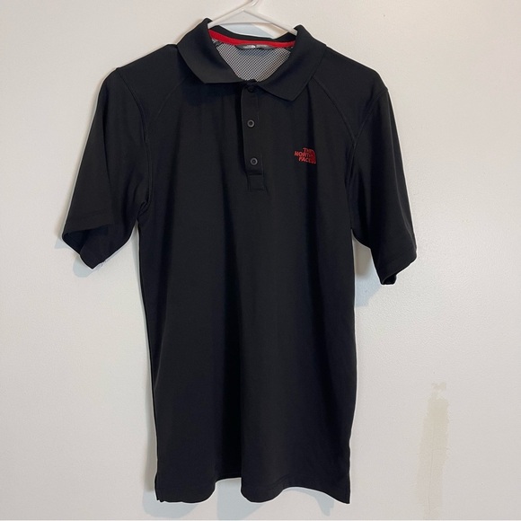 North Face Button Polo Shirt Black Red TNF Logo Men’s short sleeve SZ S collar - Picture 1 of 6